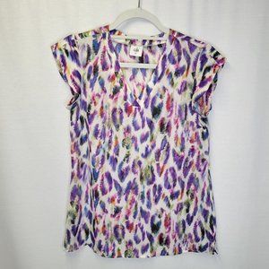 Cabi Women's XS Shirt Top Purple Feather Print Short Sleeve